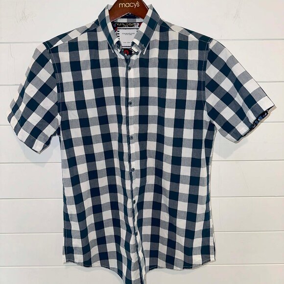 Denim & Flower Mens M Shirt Ricky Singh Button Up Short Sleeve Blue Check - Picture 1 of 4